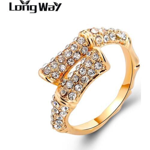 LongWay Gold Color Bamboo Full Clear Austrian Crystal Rhinestone Rings For Women Plant Party Jewelry Finger Rings SRI150008