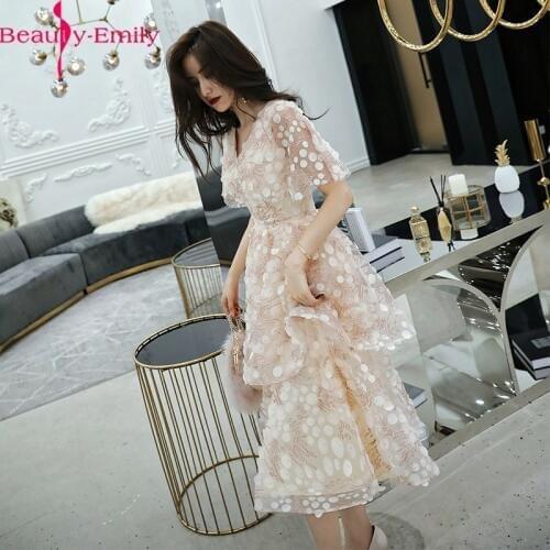 Beauty Emily Romantic V Neck Short Sleeve Evening Dresses 2020 Luxuries Beading Appliques Zipper Back Formal Party Gowns