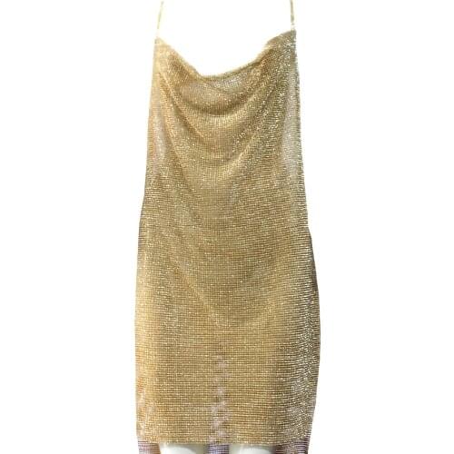 YACKALASI Women Party Dress Sexy Club Crystal Diamond Mesh Vestidos Gold Straps Sexy Deep-V Halter Backless Elegant Night Dress