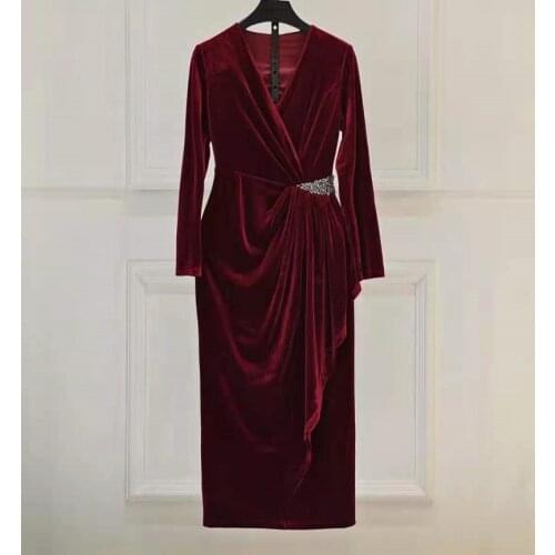 Luxury Party Elegant Dress 2021 Autumn Winter Fashion Clothing Women Sexy V-Neck Diamond Beading Deco Long Sleeve Midi Dress XXL