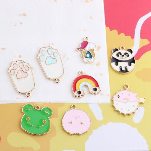 10pcs Cartoon Cute Panda Dog Frog Rainbow Eye Bear Paw Puffer Charms Pendant Animals Alloy Earring Charm Jewelry Accessory YZ543