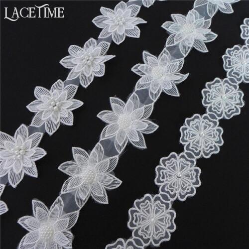 5 Yards Latest High Quality White Pearl Beaded Trim With 3D Blossom Net Lace For Jewelry Headpiece, DIY Dress Belt