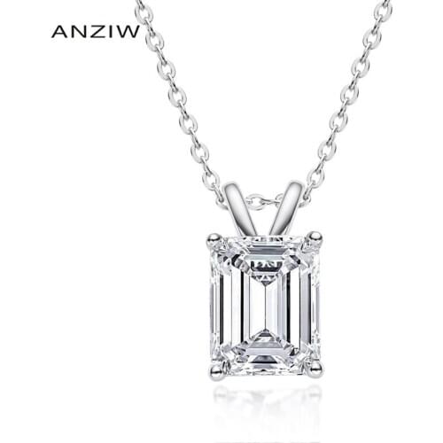 ANZIW Fashion 925 Sterling Silver White/Yellow Gold Color Women Emerald Cut Pendant Necklace with 40+5cm Silver Chain Jewelry