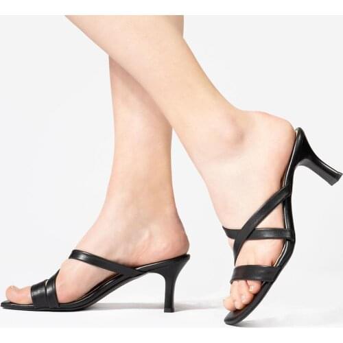 Callizio Women Genuine Leather Pumps Sandals Square Toe Footwear Office Black Luxury Designer Summer Ladies Sandals Shoes for Women 2021 Female Fashion Square Heels Woman Spring 2021 New Season Slip on Slippers Size 39