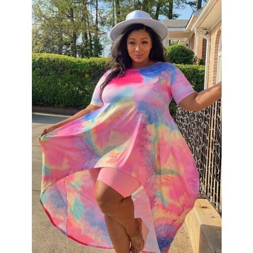 ChocoMisty-LadyPlus Plus-size Tops Irregular Round Neck Tie Dye T-shirt 1007