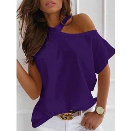 2021 Summer New T-Shirt One-Neck Solid Color Top Womens T-Shirt Woman Cloth Round Neck Cold Shoulder Basic Tops Loose Purple