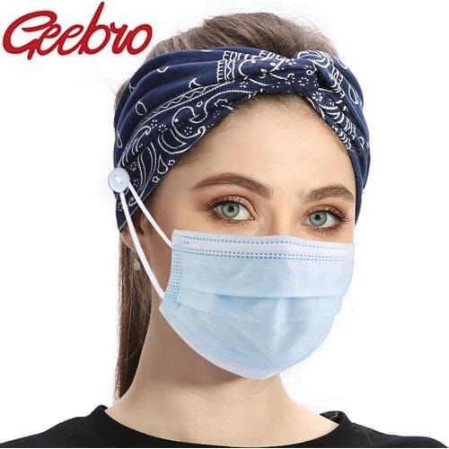 Geebro Women Headband Button Flower Printed Hair band Summer Bohemian Head Wear For Ear Protection Facemask Yoga Hair Bandana