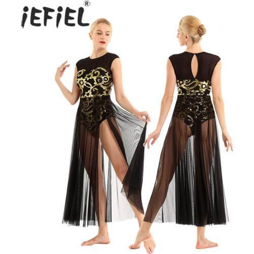 IEFiEL Women Adult Floral Sequins Professional Ballerina Leotard Maxi Dress for Lyrical Modern Contemporary Dance Costume