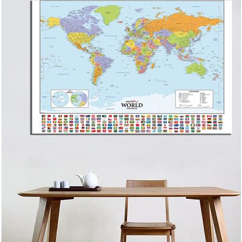 World Map with National Flags Wall Art Tapestry Canvas Painting Travel Practical Map Home Decor Poster School Supplies 59*42cm