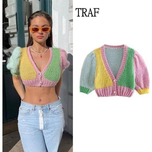 TRAF Za 2021 Short Cardigan Womens Sweater Fashion Stitching Short Puff Sleeve Womens Coat Sexy Streetwear Sweater Female Top