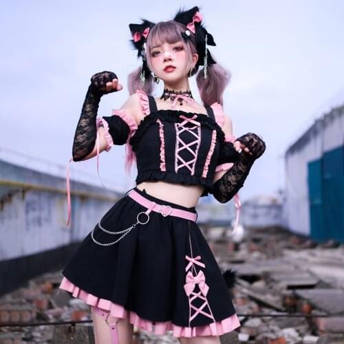 Summer Japanese Harajuku Style Girls Black Pink High Waist Bow Stitching Skirts Sweet Lolita Mini Skirts Kawaii Hot Girl Suit