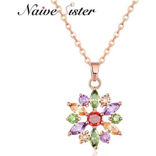 Fashion Colorful Cubic Zirconia Pendant Necklace Round Flower Mona Lisa Necklaces For Women Lady Girl Gift Bridal Jewelry