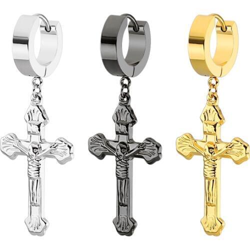 Mens Christian Cross Pendant Dangle Earrings Skull Skeleton Round Circle Drop Earring Gold Black Silver Color Jewelry