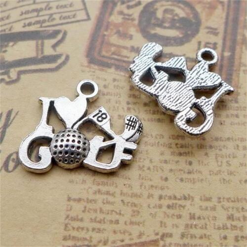BULK 30 Zinc Alloy Sports Theme I Love Golf Charms Antique Silver Plated Pendant Charm for DIY Making 19*20mm 2.2g