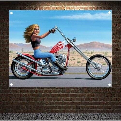 Motorcycle Rider Girl Banners Wall Art Flag Canvas Painting Bar Cafe Home Decor Motorcyclist Posters Tapestry Wall Hanging Mural