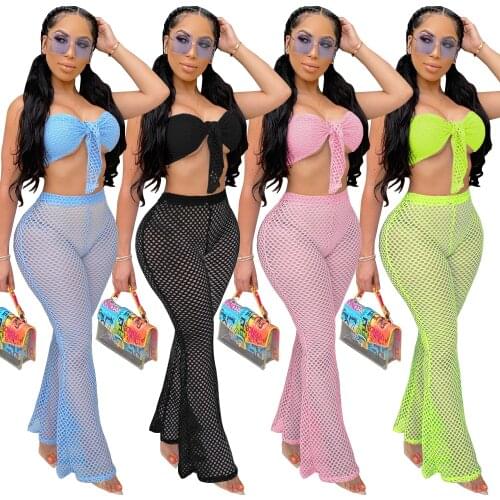 Sexy Women Bikini Cover Ups Sets Fishnet 2Pieces Criss-Cross Knot Bra High Wasit See Through Mesh Pants Summer Swimwear
