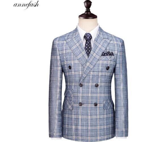 Light blue overcheck plaid men suit Custom made men wedding blazer suit 3pcs (jacket+pants+vest)