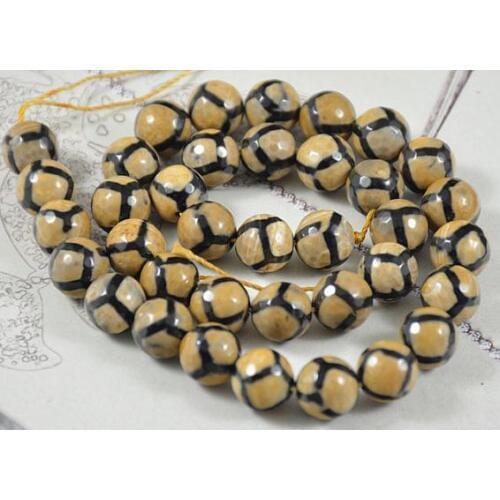 Unique Pearls jewellery Store Tibetan Dzi Faceted Football Dragon Black Coffee Agate Gemstone 10mm 15'' Full One Strand LC3-244