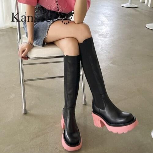 Kanseet Women Long Boots 2021 New Autumn Winter Fashion Patchwork Round Toe Hot Sale Slim Thick High Heel Knee-High Boots Black