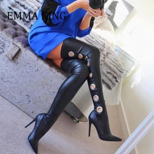 Women Thigh High Heel Boots Pointed Toe Stretch Leather Over Knee Stiletto Heel Boots Sexy Metal Circle Slip on Long Boots 36-46