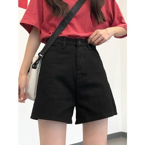Black Jeans Short Women High Waist Loose All-match White Wide Leg Pants with Pockets Streetwear Baggy Jeans Summer Clothes