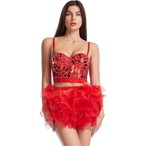 2020 High Waist Tulle Skirts and Red Diamond Bra Suit Plus Size Two Piece Set Cute Punk Clothing Party Stage Wear For Women