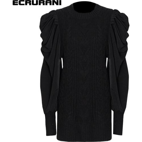ECRURANI Patchwork Casual Dress For Women O Neck Puff Long Sleeve High Waist Slimming Elegant Dresses Female Clothing 2021 Style