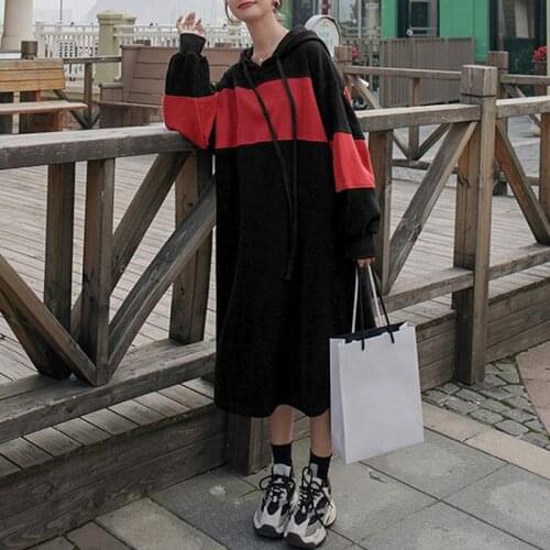 Celmia Hooded Sweatshirt Dresses Women Vintage Patchwork Dress 2021 Winter Long Sleeve Midi Vestidos Casual Loose Fleece Dress 7