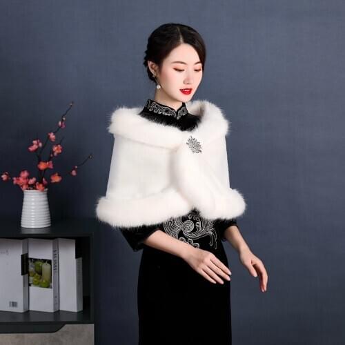 Faux Fur Wrap Winter Warm Bridal Bolero Ivory Wedding Coat Long Fur Edge Wedding Bridal Wrap Party Cape wholesale