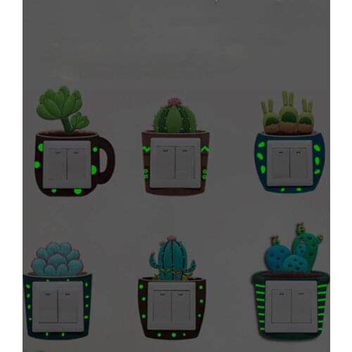 6pcs Cartoon 3D Stickers Cactus Fluorescent Wall Stickers On-Off Switch Stickers Kids Luminous Light Switch Home Decorations