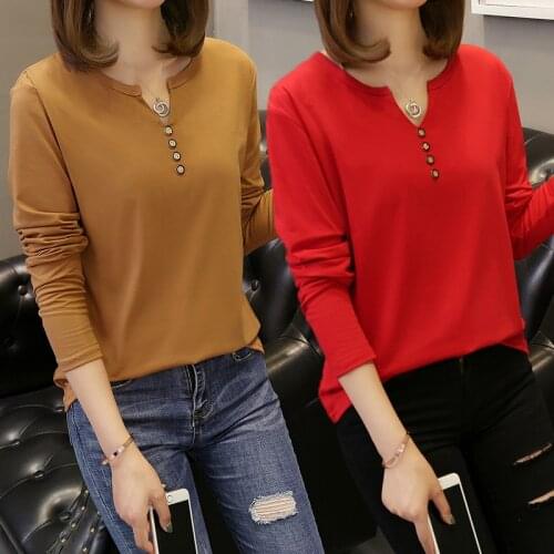 Oversized Womens T-shirts 2021 Autumn New Long sleeve Button V-neck Solid Tee Casual Hypertrophy Loose T-shirt Tops