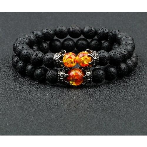 2pcs Charm Imperial Crown Couple Bracelet Natural Tiger Eye Matte Stone Beads Wristband Bangle Fashion Women Men Yoga Jewelry