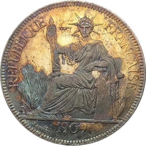 French Indochina 1909 A 1 Piastre Commerce Coin REPUBLIQUE FRANCAISE Cupronickel Silver Plated Copy Coins