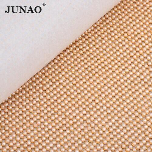 JUNAO 45*120cm Hotfix Gold Pearl Beads Rhinestone Mesh Crystal Fabric Iron On Aluminum Mesh Metal Trim Crystal Strass Banding
