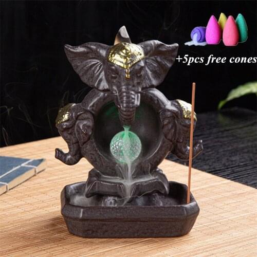 Ceramic Lucky Feng Shui Elephant God Statue Waterfall Incense Burner With Led Color Changing Ball Home Decor Incense Holders