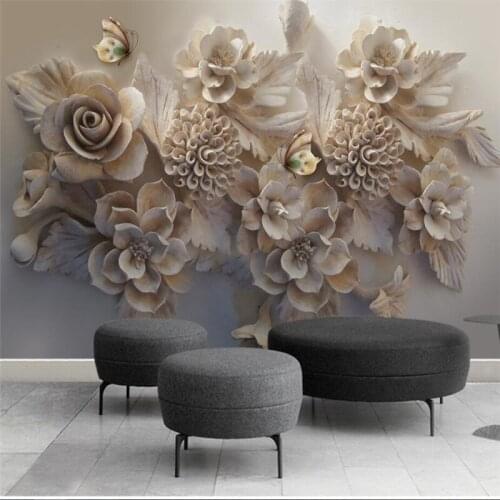 Beibehang Beautiful three-dimensional relief 3D flower butterfly TV background wall custom large mural green wallpaper