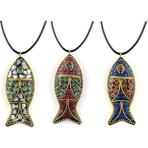 60x24mm Nepal Handmade Fish Pendant Creative Ethnic Style Necklace Sweater Chain Accessories Creative Popular Accessories