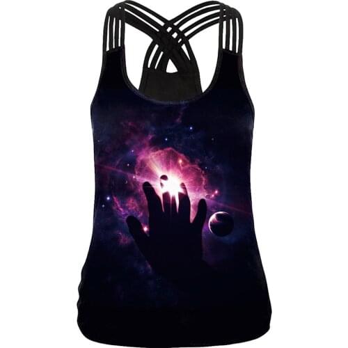 Summer Women Sport Vest Galaxy 3D Printed Yoga Shirt Elastic Cross Straps Tank Tops Girls Gym Workout Running Sleeveless T-shirt