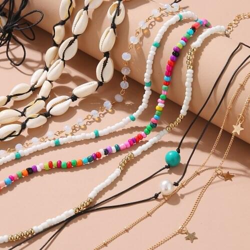 11 Pcs/Sets Fashion Alloy Shell Beaded Hand Woven Necklace Charm Bridal Wedding Adjustable Necklace for Ladies Accessories