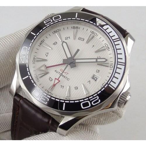 41mm White Sterile Dial Ceramic Leather Mens Watch Automatic GMT Movement Sapphire Glass Date Window