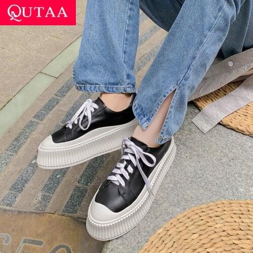 QUTAA 2022 Round Toe Lace Up Platform Women Shoes Genuine Leather Female Pumps Fashion Sneakers Wedge Med Heels Size 34-40