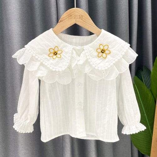 Girls Shirts Kids Clothes 1-4Year Girl Top Ruffles Fall Kids Cotton Blouse School Outfit for Teen Girl White Pullover