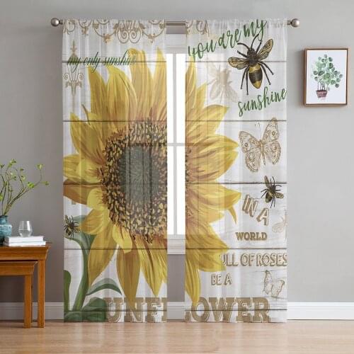Sunflower Bee Butterfly Wood Board Tulle Window Treatment Sheer Curtains for Kitchen Living Room the Bedroom Curtains Decoration