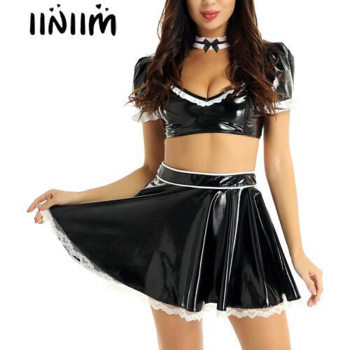 Women Adult Wetook Sexy Clubwear French Maid Fancy Cosplay Costumes Choker Puff Sleeve Plunging Top with High Waist Short Skirt