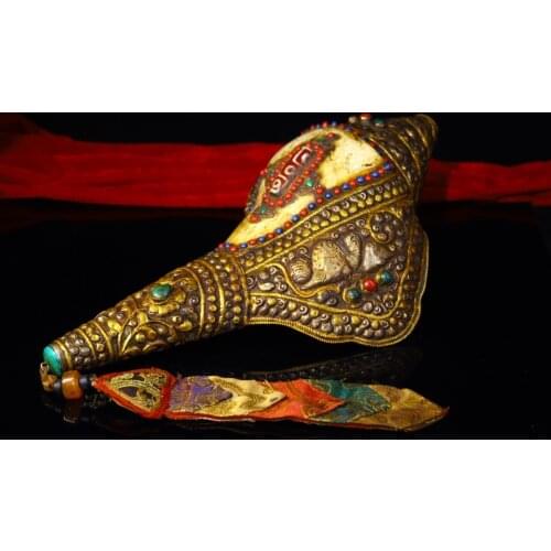 Tibet temple Old Natural conch Filigree mosaic Dzi Bead Law Conch Prayer flags Buddhist instruments amulet Town House Exorcism