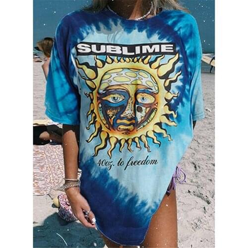 Harajuku Graphic T Shirts 2021 Summer T-shirt Tie Dye Letter Printing Women Car Sun Pattern Short Sleeve T-Shirts Female Tops