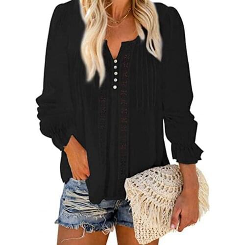 Lace Patchwork Little V Neck Womens Tops 2021 Casual Lantern Long Sleeve Tees feminina Office Women TShirts Tops Streetwear