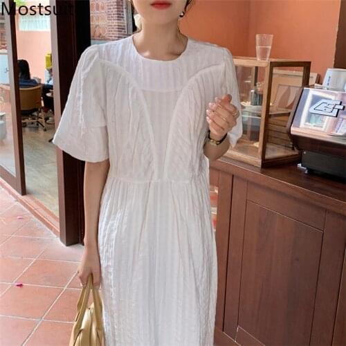 Korean Plaid Folded Women Long Dress Summer Short Sleeve O-neck Loose Waist Dresses Elegant Fashion Female Vestidos Mujer 2021