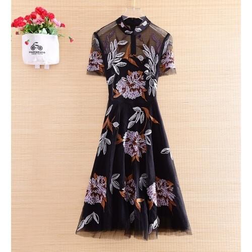 High-end Summer Chinese Style Fashion Women Mesh Cheongsam Dress Embroidery Elegant Lady Slim Party Qiapao Dress S-XXL