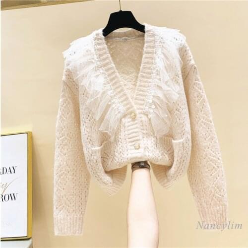 Lace Floral Mesh V Neck Cardigan Women Splicing Beads Knitted Coat for Female 2021 Autumn Autumn New Loose Knitwear Casual Top